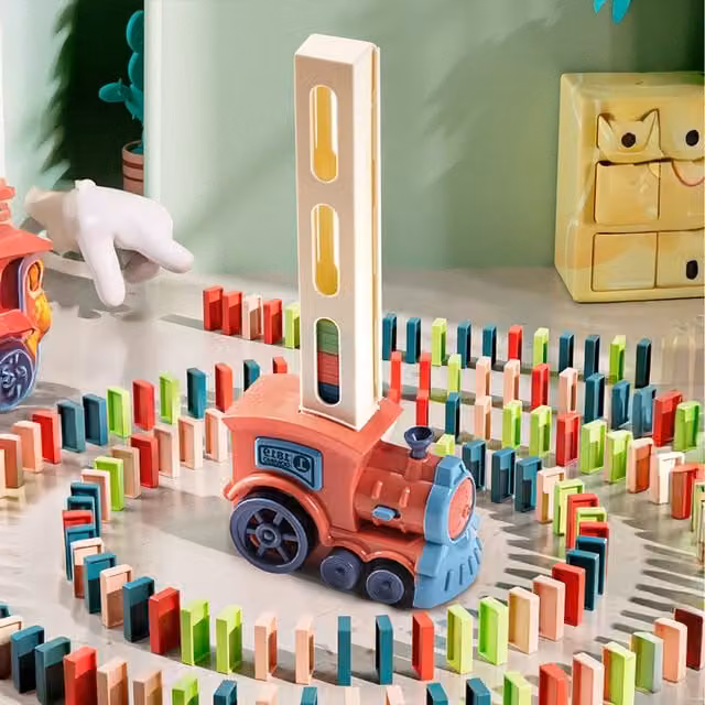 Livingandhome Pink Domino Toy Set with Electric Laying Train