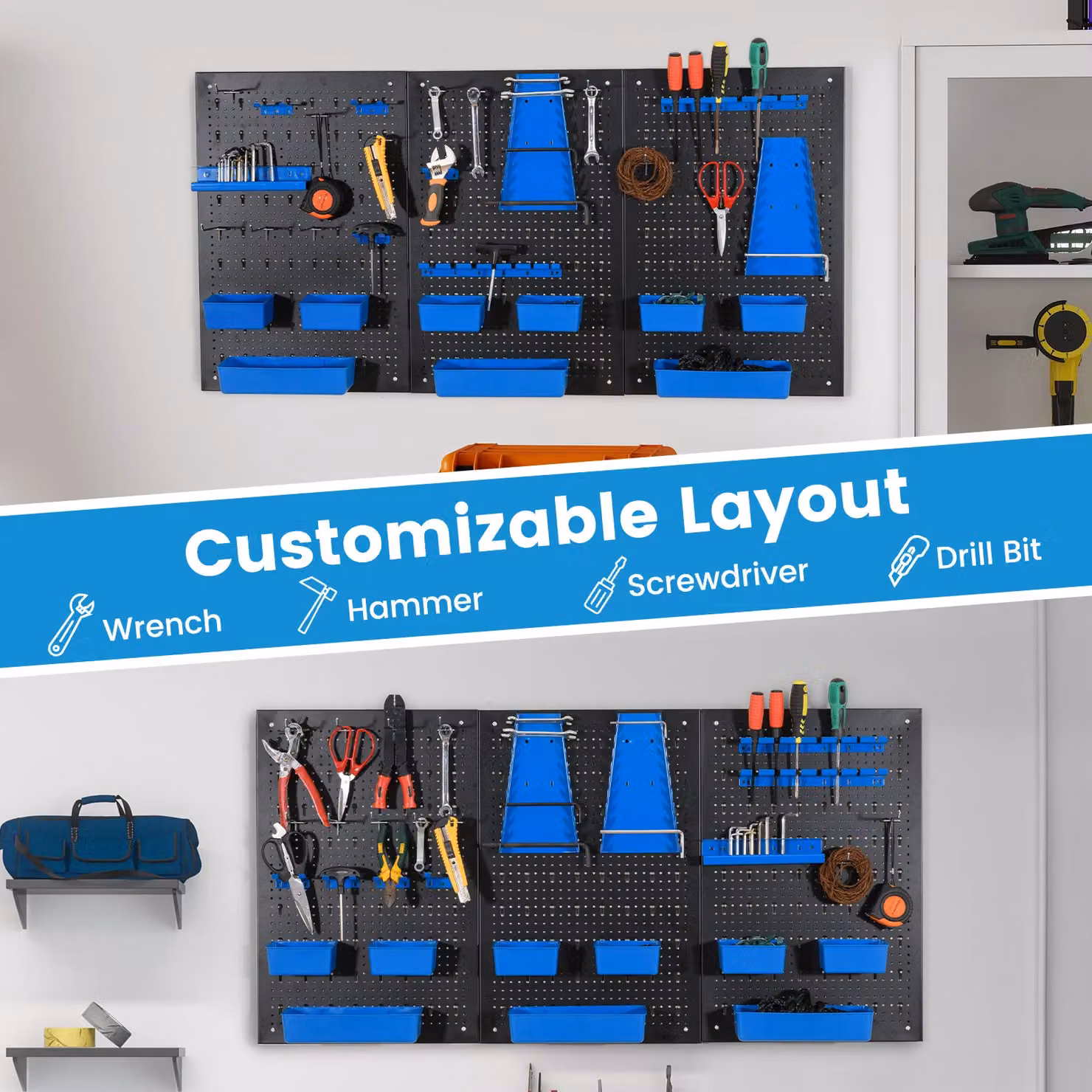 Costway Pegboard Wall Organizer with 9 Bins and Hammer Racks, Blue, W/D/H: 120 x 60 x 35 cm – 7