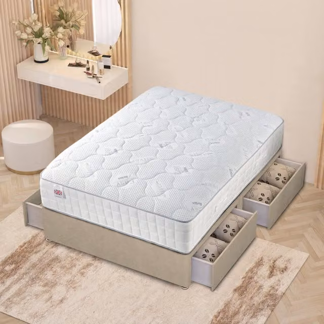 Somnior Beds Ltd Modern Upholstered Fabric Hybrid Divan Bed with Drawers in Beige and Yellow, W: 140 cm, D: 200 cm