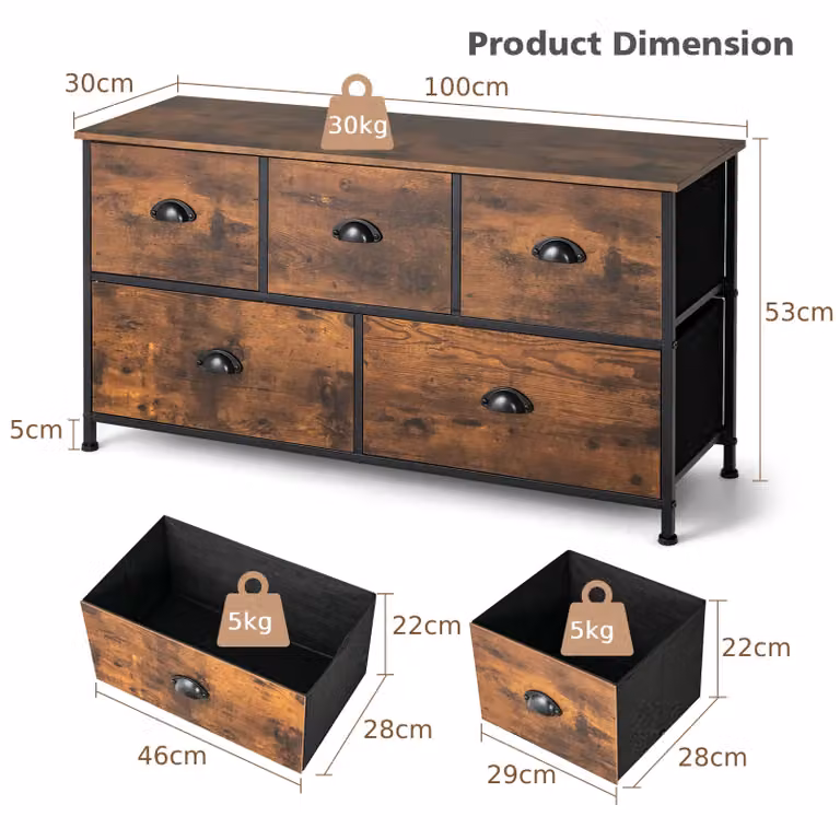 Costway 2-Tier Fabric Storage Organizer with 5 Drawers, Brown Chest of Drawers
