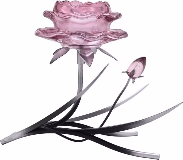 Hestia Pink Glass Rose Single Tealight Candle Holder with Black and Silver Base