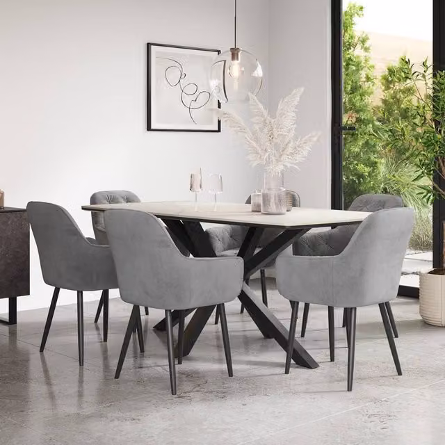 More4Homes Juno White Marble Ceramic Dining Table and 6 Anika Grey Velvet Chairs – 1