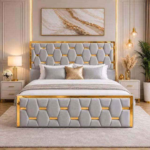 K Mehmood Enterprise Ltd Modern Silver Velvet Upholstered Ottoman Bed with Geometric Tufted Headboard and Lift Up Base