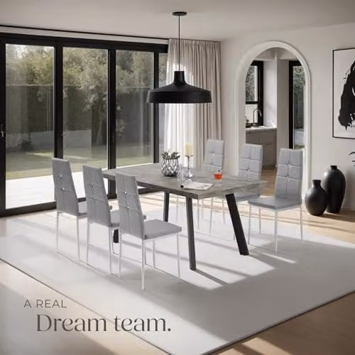 tectake Set of 8 Julien Dining Chairs in Grey with Faux Leather and Metal Legs – 2