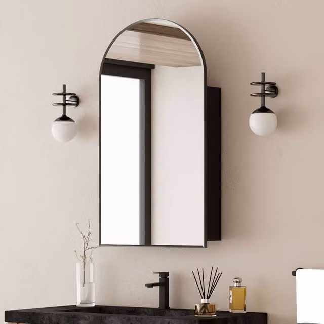 KEEPREAPER Black Arched Bathroom Mirror Cabinet with Hinged Glass Doors and Internal Shelves, Wall Mounted, W: 50 cm, H: 90 cm – 1