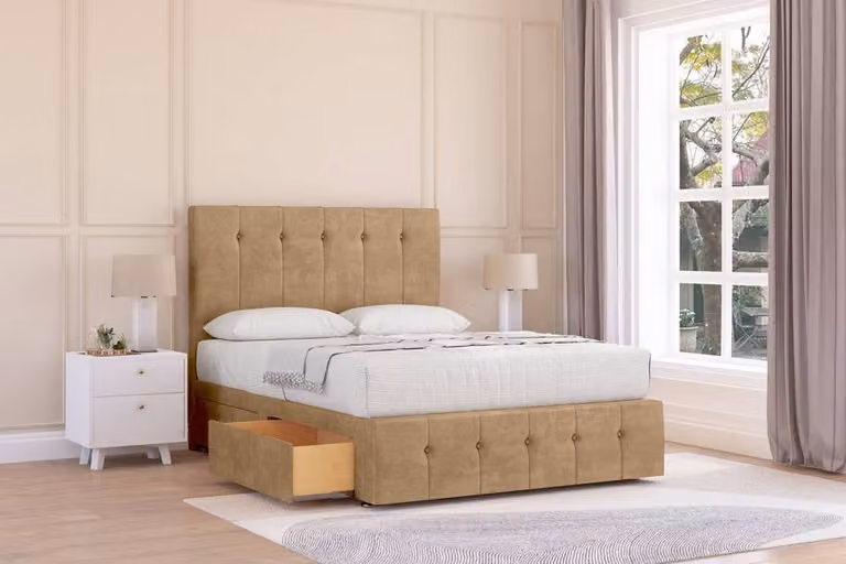 Sloomy Cambridge Dumfries Super King Divan Bed Base with 2 Drawers, 26 inch Headboard and 12 inch Footboard in Brown Velvet Fabric