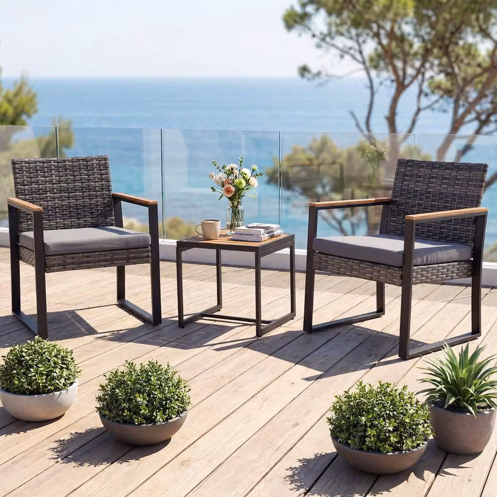 Costway 3-Piece Grey PE Wicker Patio Conversation Set with Cushions and Side Table – 7