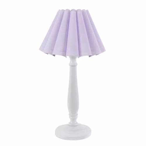 ValueLights White Wood Candlestick Table Lamp with Lilac Pleated Fabric Shade and Included LED Bulb