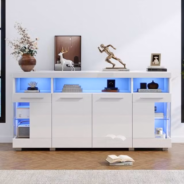 BTM High Gloss White LED Sideboard with Glass Shelves, 140 cm