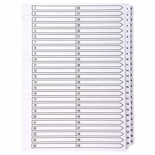 Exacompta Mylar Printed Indices for A4 Documents, 50-Part Dividers (1-50) in White, 160gsm FSC-Certified Card with Reinforced Plastic Tabs