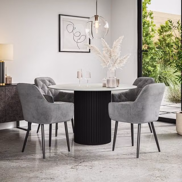 Arlo Modern Round Dining Table Set with 4 Chairs in Mustard Velvet