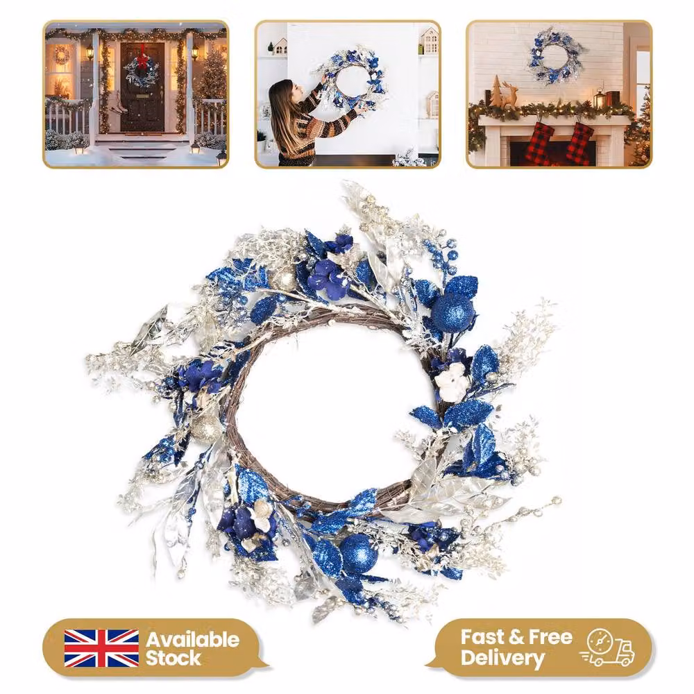 Shatchi Gold and Blue Baubles Christmas Wreath, Diameter: 58 cm – 2