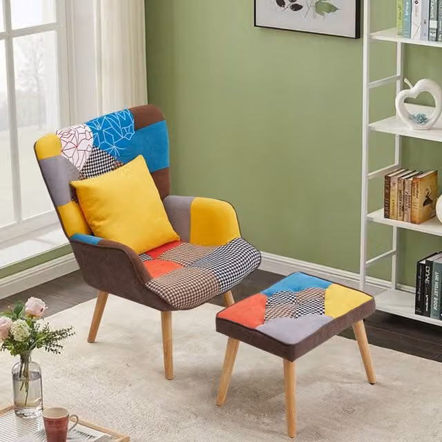 Livingandhome Patchwork Tufted Lounge Armchair with Matching Ottoman in Blue and Multicolour Abstract Fabric