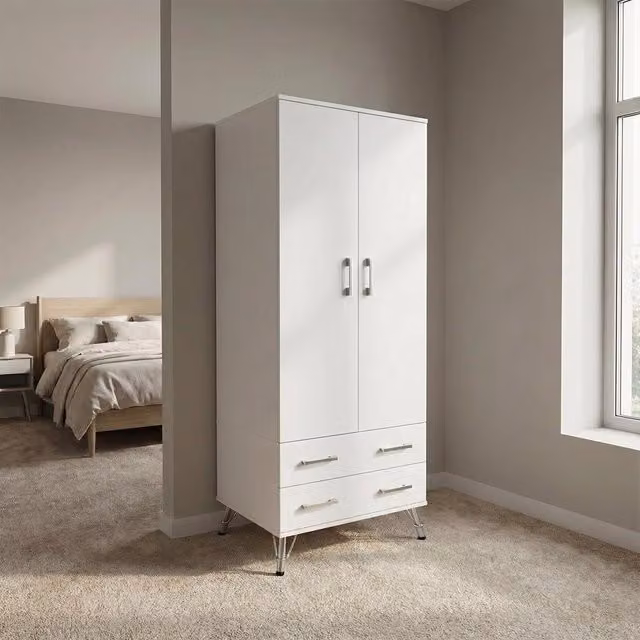 FWStyle Matt White 2 Door 2 Drawer Wardrobe with Hanging Rail and Metal Hair Pin Legs