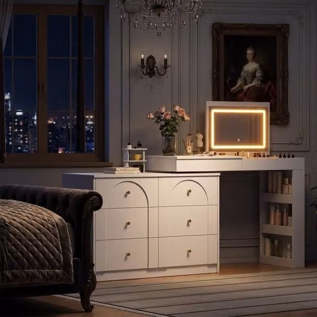 FENCHILIN Modern White and Gold Dressing Table with Hollywood LED Lighting and Rotating Flip Mirror
