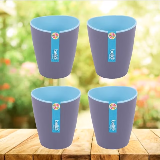 Bello Two Tone Plastic Tumbler Mugs, Blue and Grey, 350ml, Set of 4