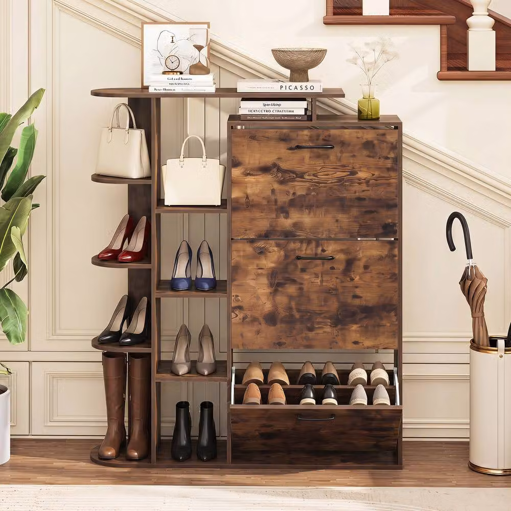 Costway Freestanding Shoe Storage Cabinet with 3 Tilting Compartments in Brown – 3
