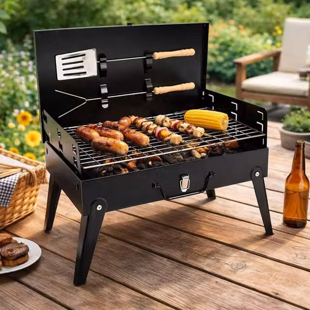 Dragodirect Portable Folding Charcoal Tabletop BBQ Grill with Accessories, Black