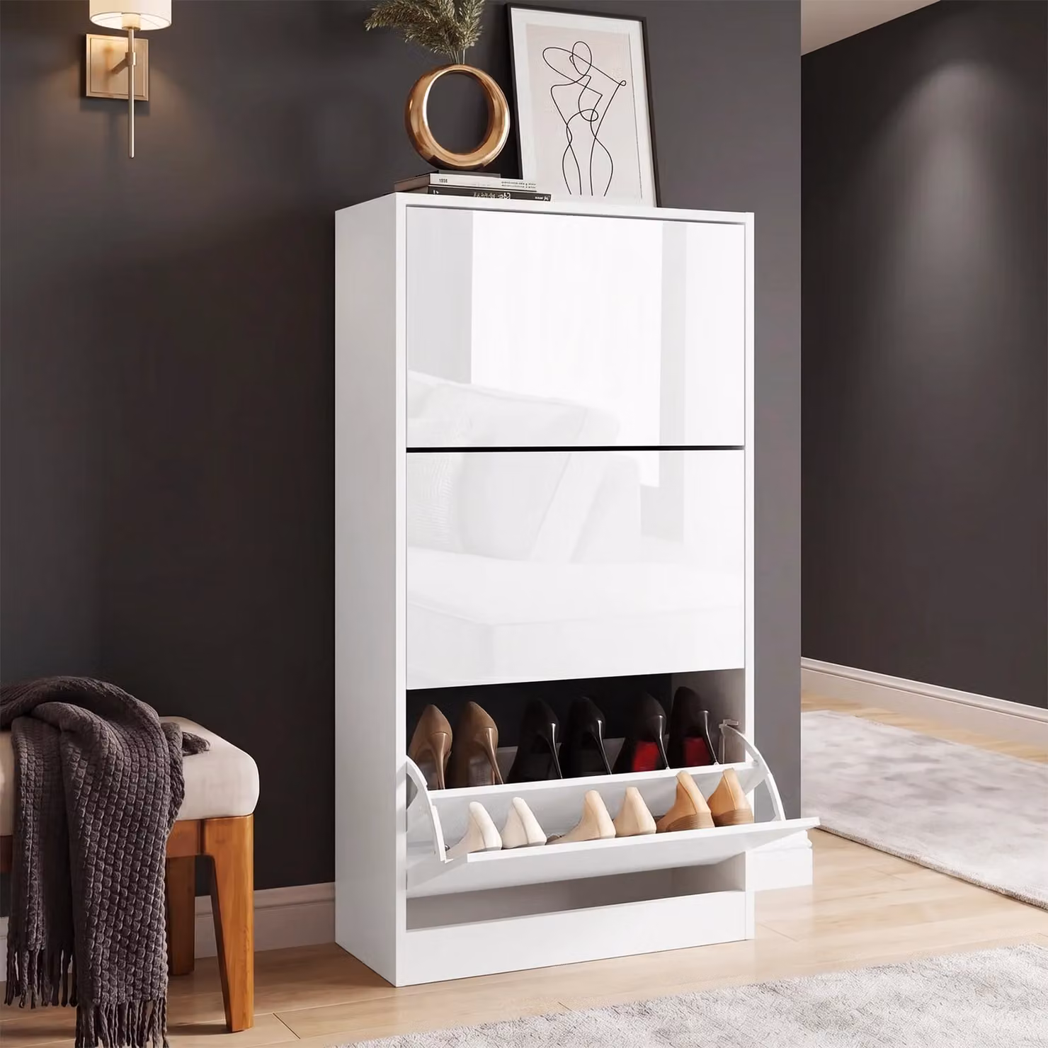 White High Gloss 3 Door Slim Shoe Cabinet with Tilting Compartments and Internal Shelves