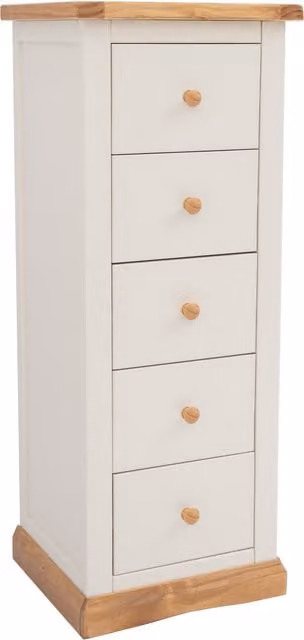 Cabinet Bits Trevi 5 Drawer Narrow Chest of Drawers in White with Wood Knobs