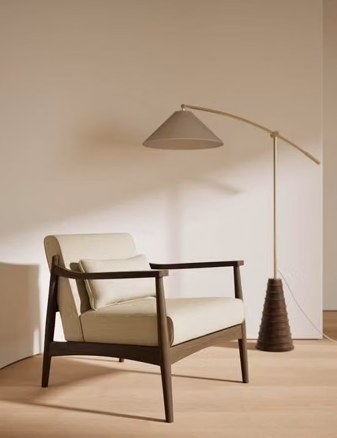 M&S Sherwood Mid-Century Accent Chair with Armrests in Beige Fabric and Dark Oak Wood Frame