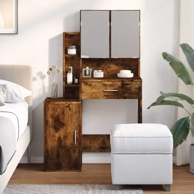 Berkfield Home Beautiful Dressing Table with Cabinet in Smoked Oak Brown, W: 80 cm, D: 35 cm, H: 132 cm – 1
