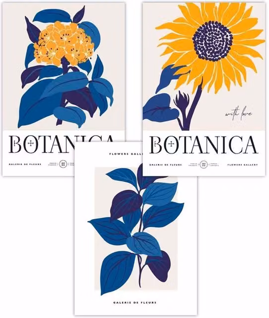 ARTZE Set of 3 Modern Floral Paper Posters with Blue Flower Market and Yellow Sunflower Designs, W: 59 cm, H: 84 cm