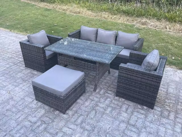 Fimous 6 Seater PE Wicker Rattan Garden Furniture Set with Lounge Sofa, Chairs, Dining Table and Footstools in Dark Grey