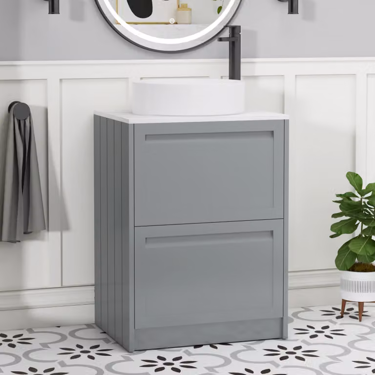 Royal Bathrooms Elmore 2 Drawer Floor Standing Countertop Vanity Unit with Art Basin in Matt Pebble Grey