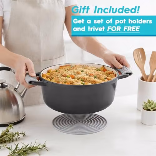 Argon Tableware Oval Enamelled Cast Iron Casserole Dish with Self-Basting Lid, Grey, 4.68L – 4