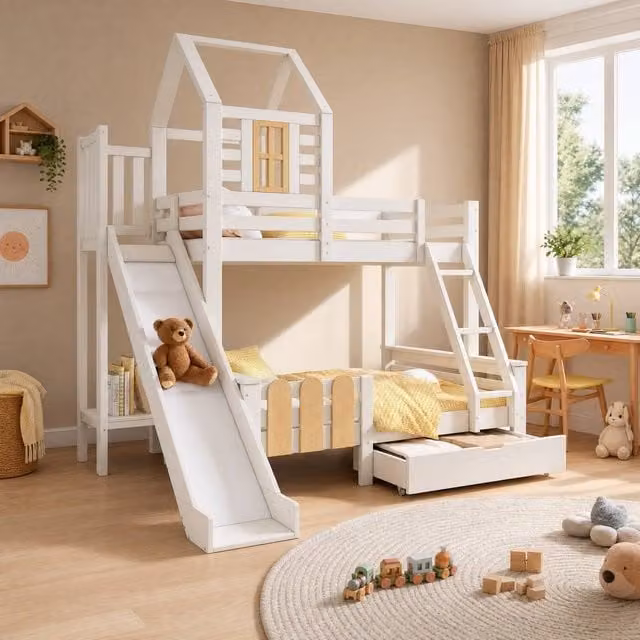 STILVORA White House Frame Bunk Bed with Drawers, W/D/H: 90 x 190 x 135 cm