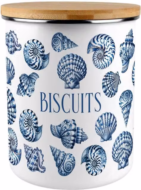 Purely Home Blue Seashells Extra Large Enamel Floral Biscuit Tin - Blue