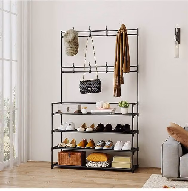 Living and Home Modern Metal Shoe Rack with Dual Hook and Rail Matrix in Matt Black