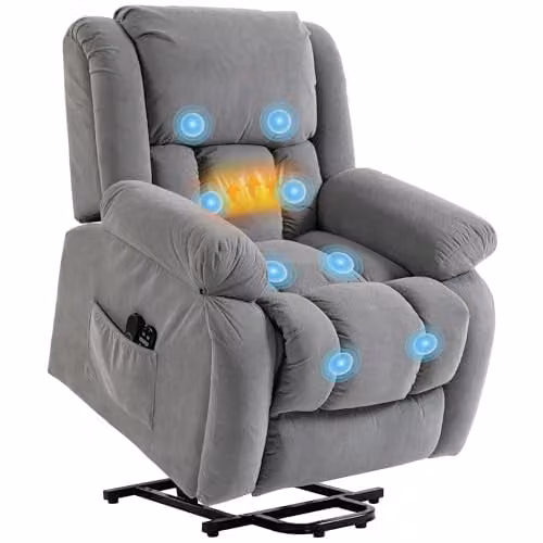 HOMCOM Grey Fabric Recliner Armchair with Motorised Lift Assist, Massage and Heat Functions – 1