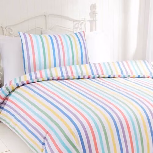 Rapport Home Candy Stripe Flannel Cotton Duvet Cover and Pillowcase Set, Multicolour and White Striped, W/D/H: 135 x 200 cm and 50 x 75 cm