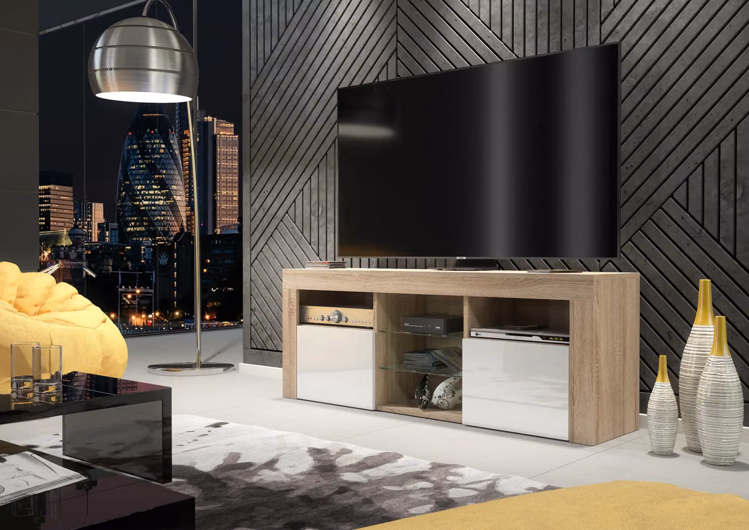 Creative Furniture Modern TV Unit in Oak with High Gloss White Doors, W: 145 cm, D: 35 cm, H: 53 cm – 2