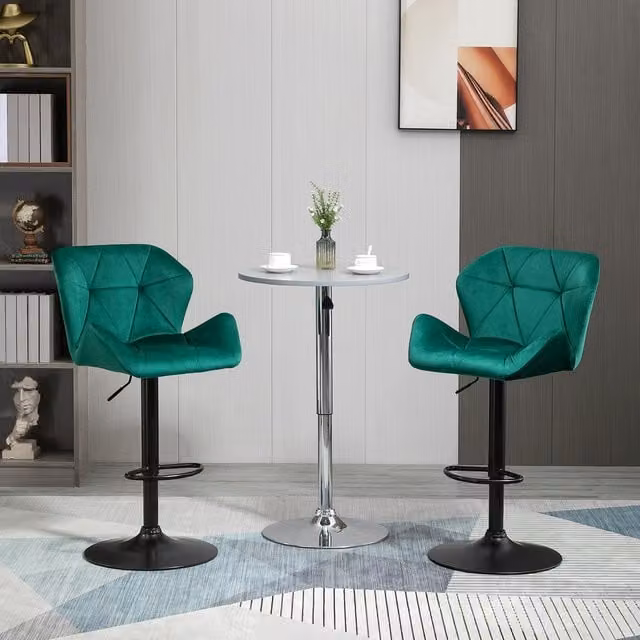 HOMCOM Set of 2 Adjustable Swivel Bar Stools in Green Velvet with Metal Frame – 7
