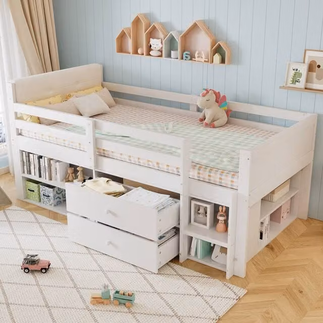 Merax White Single Cabin Bed for Children with Guardrail, Drawers and Shelves Headboard, W/D/H: 195 x 90 x 94 cm
