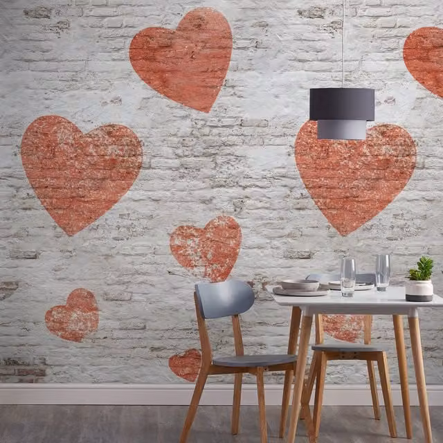 Grandeco Graffiti Heart Abstract Textured Wallpaper Mural in White and Red