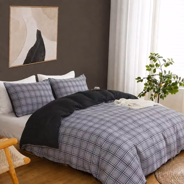 Lazzaro Home Honey Checkered Double Duvet Cover Set in Grey, Brushed Microfibre, 200 x 200 cm – 1