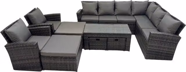 Fimous 9-Piece Rattan Garden Sofa Set with Oblong Coffee Table in Dark Grey