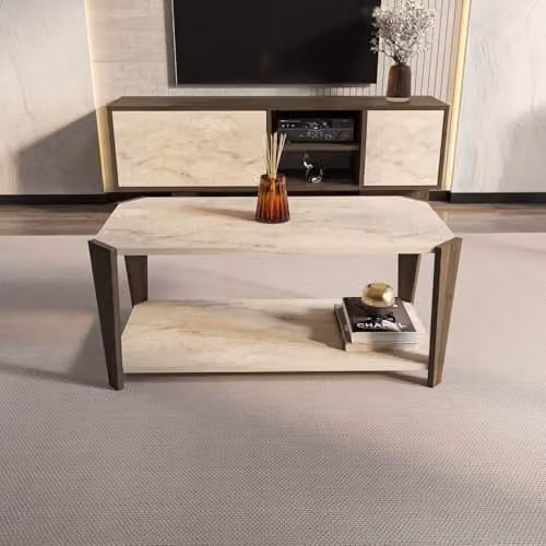 DECOROTIKA Monaco Modern Rectangular Coffee Table in Walnut and Travertine, W/D/H: 90 x 47.5 x 40 cm