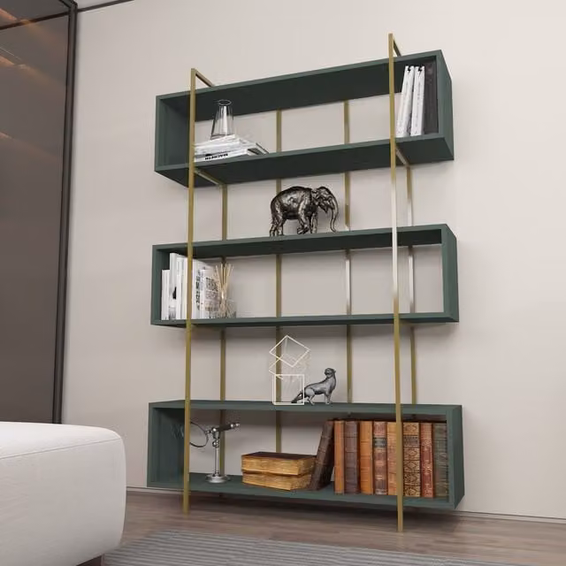 Decorotika 6-Tier Geometric Industrial Bookshelf in Green and Gold
