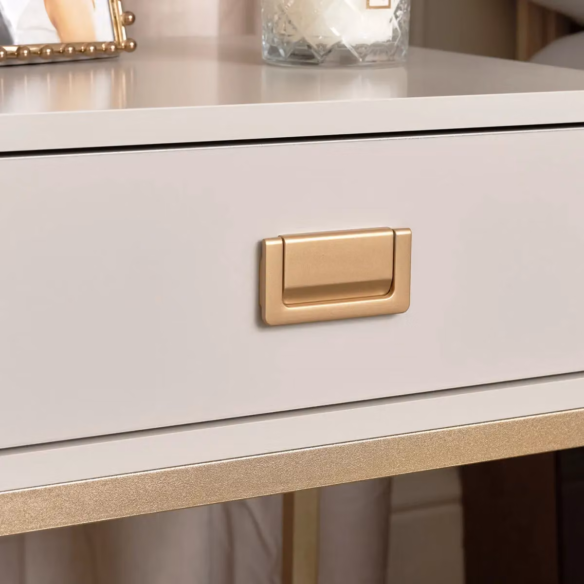 Melody Maison Elle Stone Pair of One Drawer Bedside Tables in Beige and Gold – 2