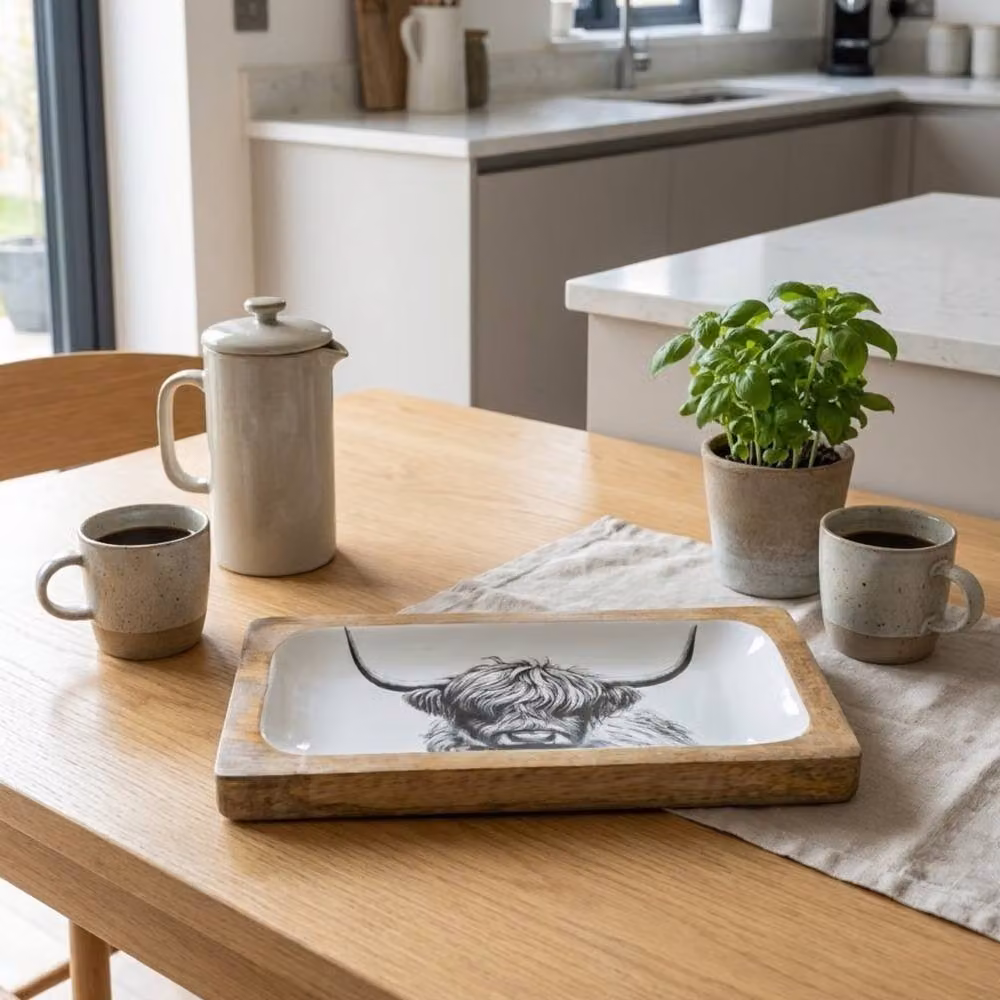 Garden Greatness Highland Cow Enamel Serving Tray, Multicolour and White, W: 30.0 cm x D: 16.0 cm – 2