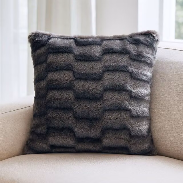 Voltico Arctic Faux Fur Square Cushion in Anthracite, Silver and Grey, W/D/H: 45 x 45 x 45 cm