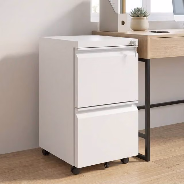 STILVORA Lockable Mobile Filing Cabinet with 2 Drawers in White Metal
