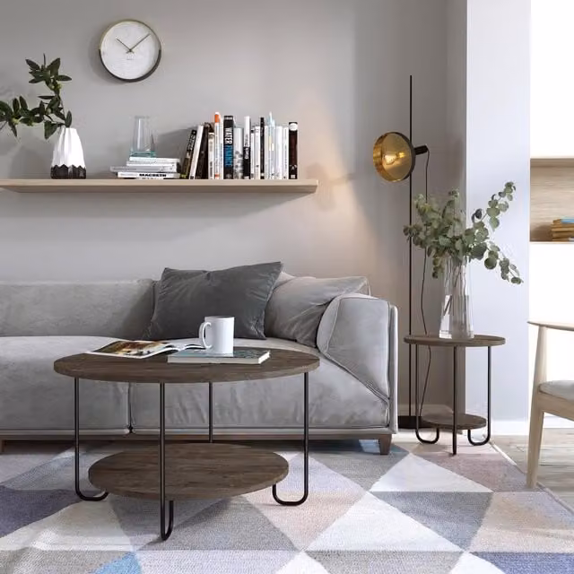 FWStyle 2 Tier Round Modern Coffee Table in Dark Coffee with Scratch Resistant MDF Laminate Finish