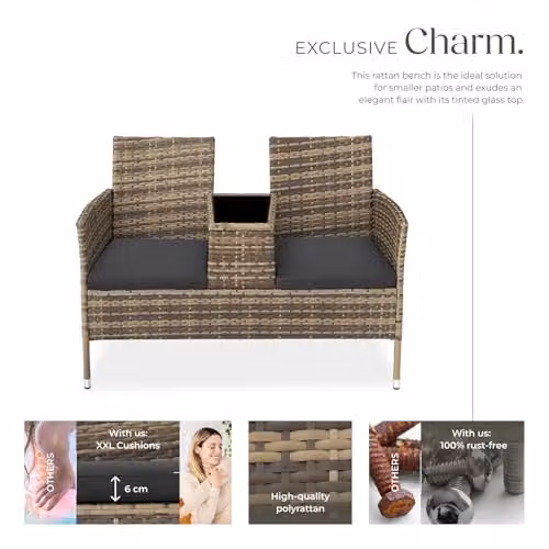 tectake Outdoor Rattan Bench with Integrated Table and Cushions, W/D/H: 133 x 63 x 84 cm, Nature/Grey – 3
