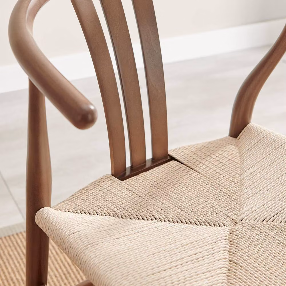 FurnitureboxUK Set of 2 Caia Wishbone Dining Chairs in Walnut Effect Wood and Rope with Armrests – 2
